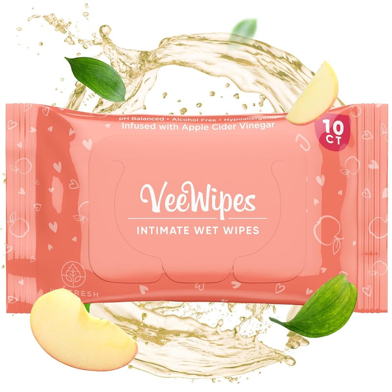 VeeFresh VeeWipes ACV (10pcs) - Apple Cider Vinegar Infused Wipes for Sensitive Vees- pH Balanced, Alcohol Free & Hypoallergenic Feminine Wipes for Women - Female Wipes for Maximum Hygiene - Image 1